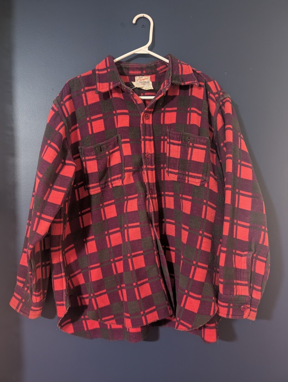 70s Champion Red/Green/Purple Plaid Flannel Shirt Jacket - Size L/XL